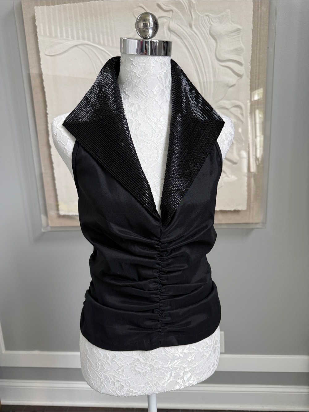 Vintage Tadashi Black Beaded Halter Top Ruched Evening Blouse Goth Glam